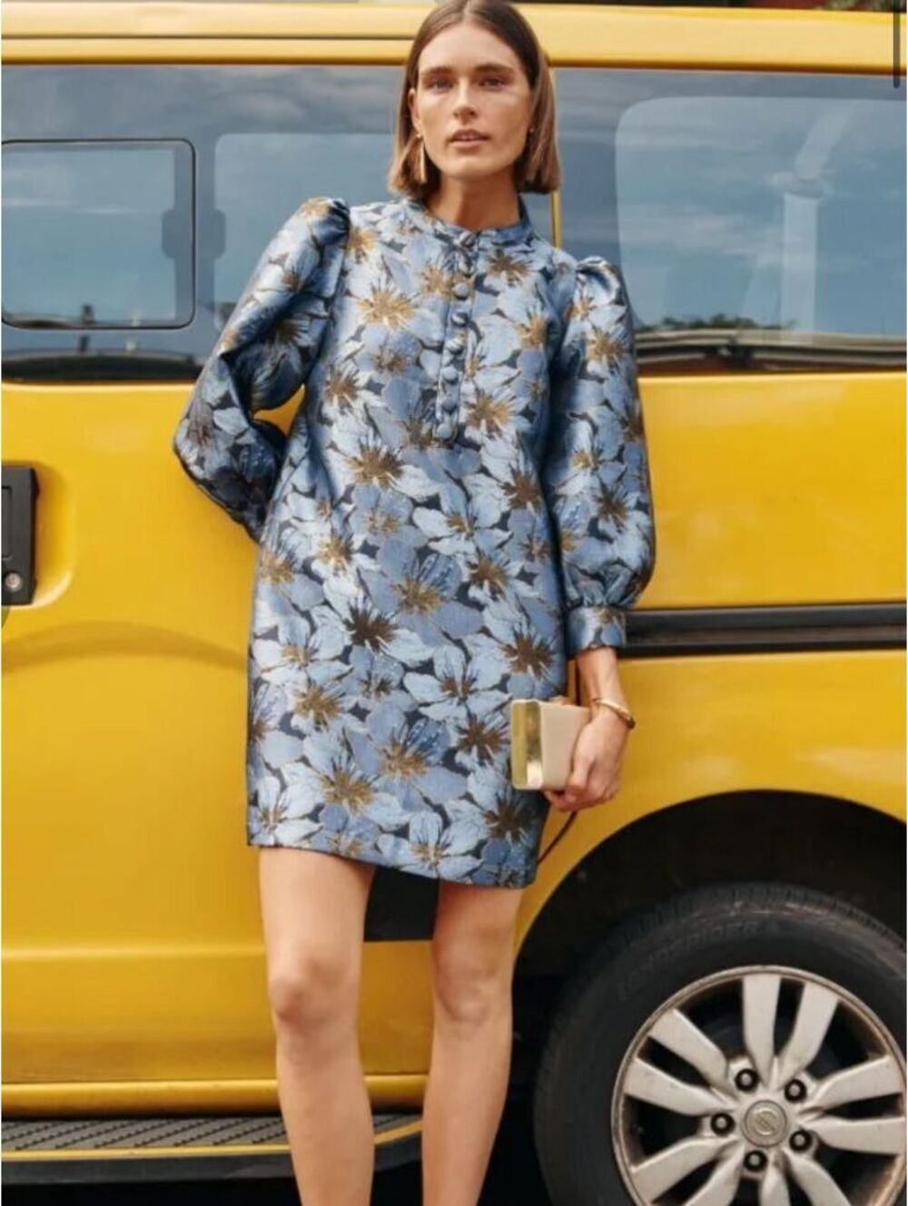 Pomander Place Blue Floral Jacquard Puff Sleeve Shift Mini Dress XS